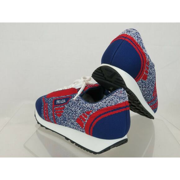 NIB PRADA 2EG272 RED BLUE FABRIC TRAINERS KNIT LOGO LACE UP SNEAKERS 8 US 9 - Picture 6 of 12
